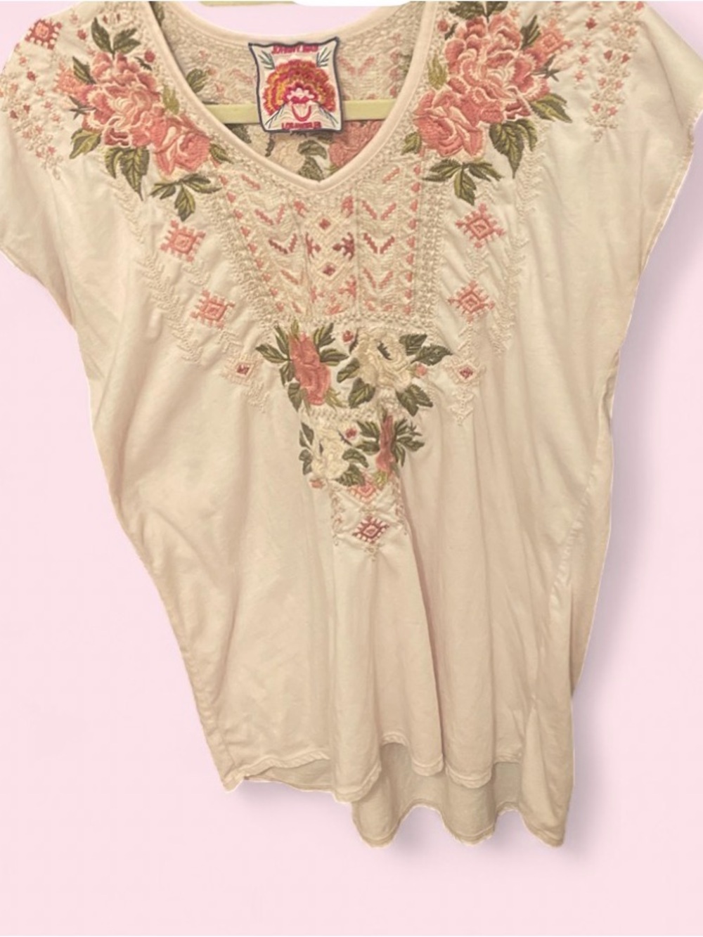 Johnny Was Embroidered Bohemian V-Neck Women’s Top - Cream with Pink Floral